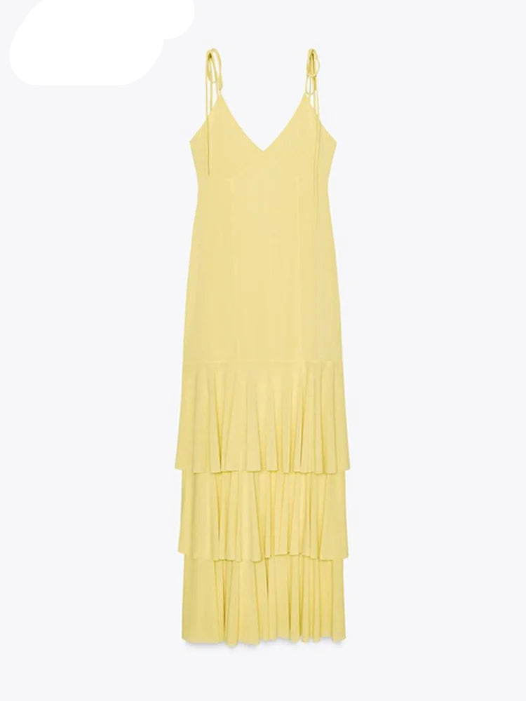 Cascading Ruffles Long V-neck Sleeveless Backless Dress