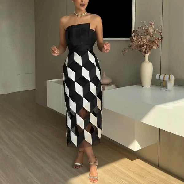 Sleeveless Tube Nipped Waist Contrast Dress