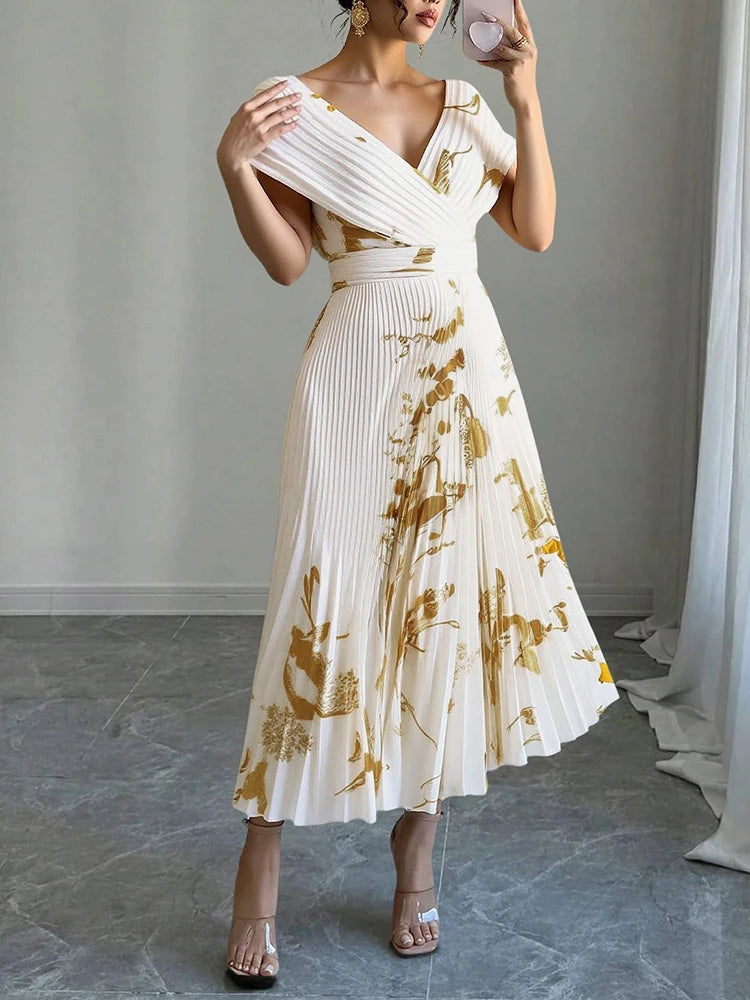 Elegant Pleated Directional Short Sleeve V-Neck A Line Midi Dress