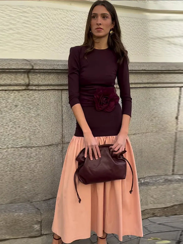 Chic Contrast Spliced Pleated Hem Women's Dress