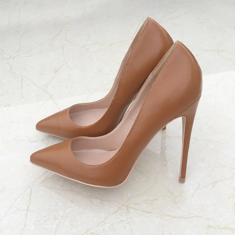 Tikicup Solid Khaki Brown Matte Pointed High Heels