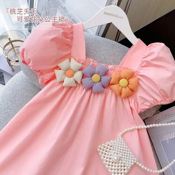 Elegant Puff Sleeves Flowers Dress 1-9 Years Old