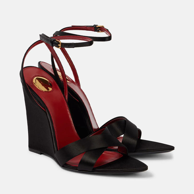 Satin Wedges Round Toe Belt buckle high heel