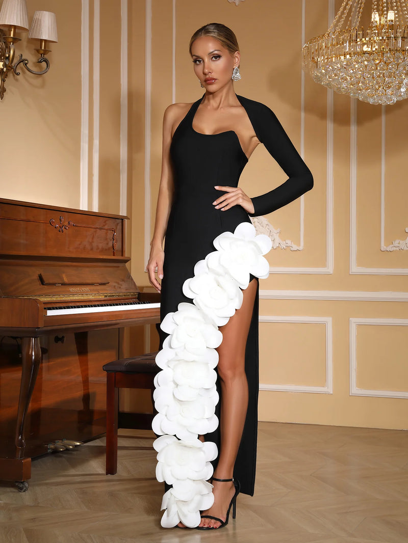 Appliques Flowers One Shoulder Sexy High Split Dress