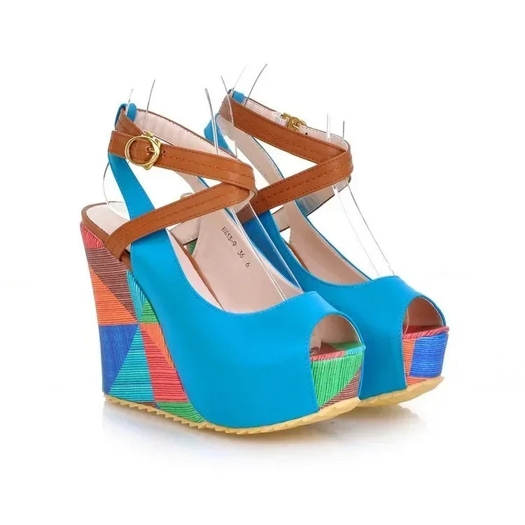 Ladies Wedges Heels Sandals Buckle Strap Peep-toe Shoes