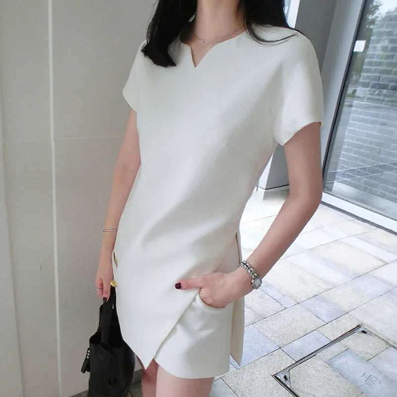 White Black Suit Split Shirt and Shorts Summer Two-piece
