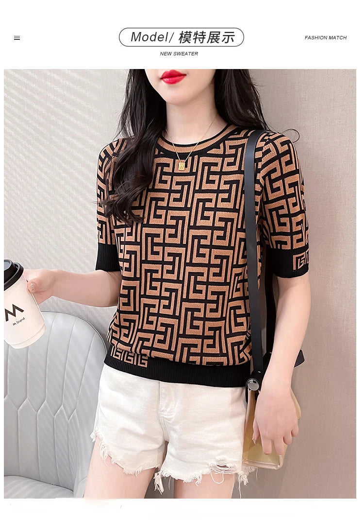 Contrast Jacquard Plaid Tops Short Sleeve Knitted TShirts