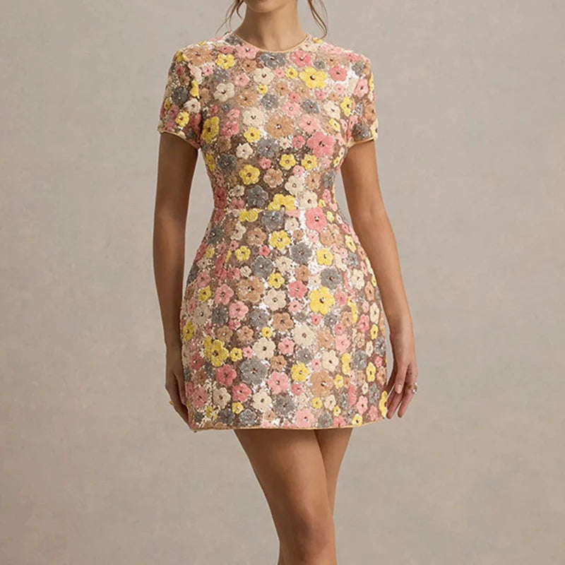 Elegant O-neck A-Line Short Sleeve Short Dress