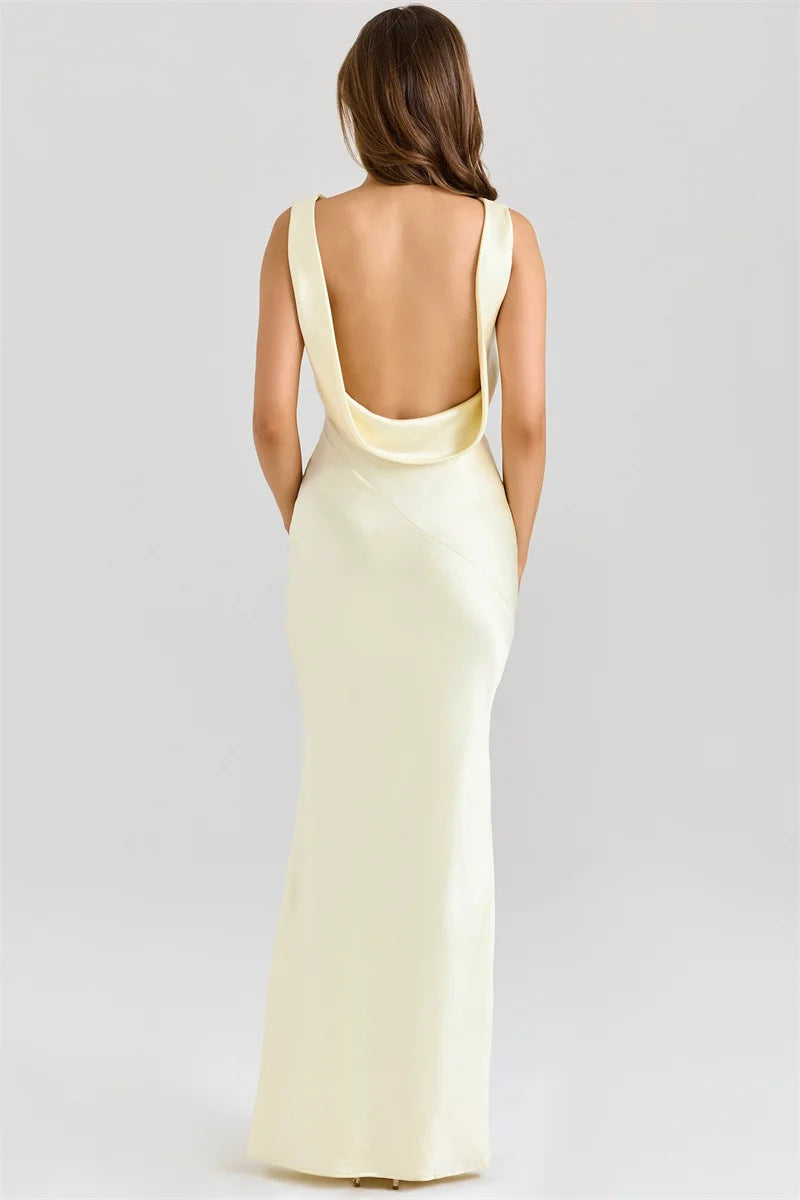 Satin Backless Draped Cowl Neck Sleeveless High Waist Long Dress