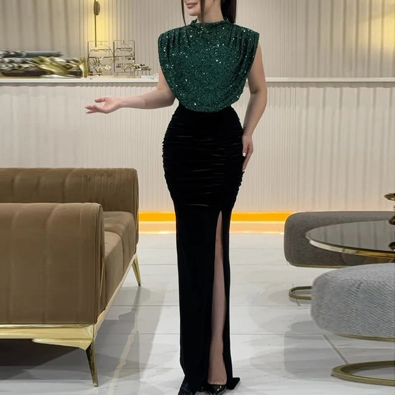 Sequins Stitching O Neck High Slit Long Dress