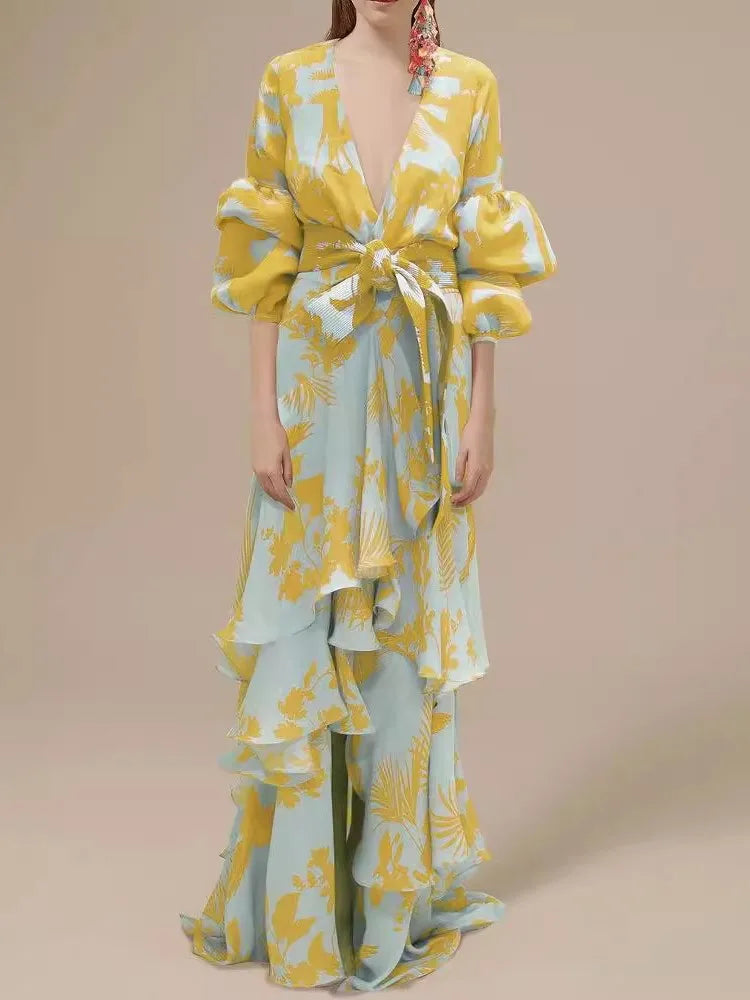 Elegant Deep V-neck Lantern Sleeve Long Dress