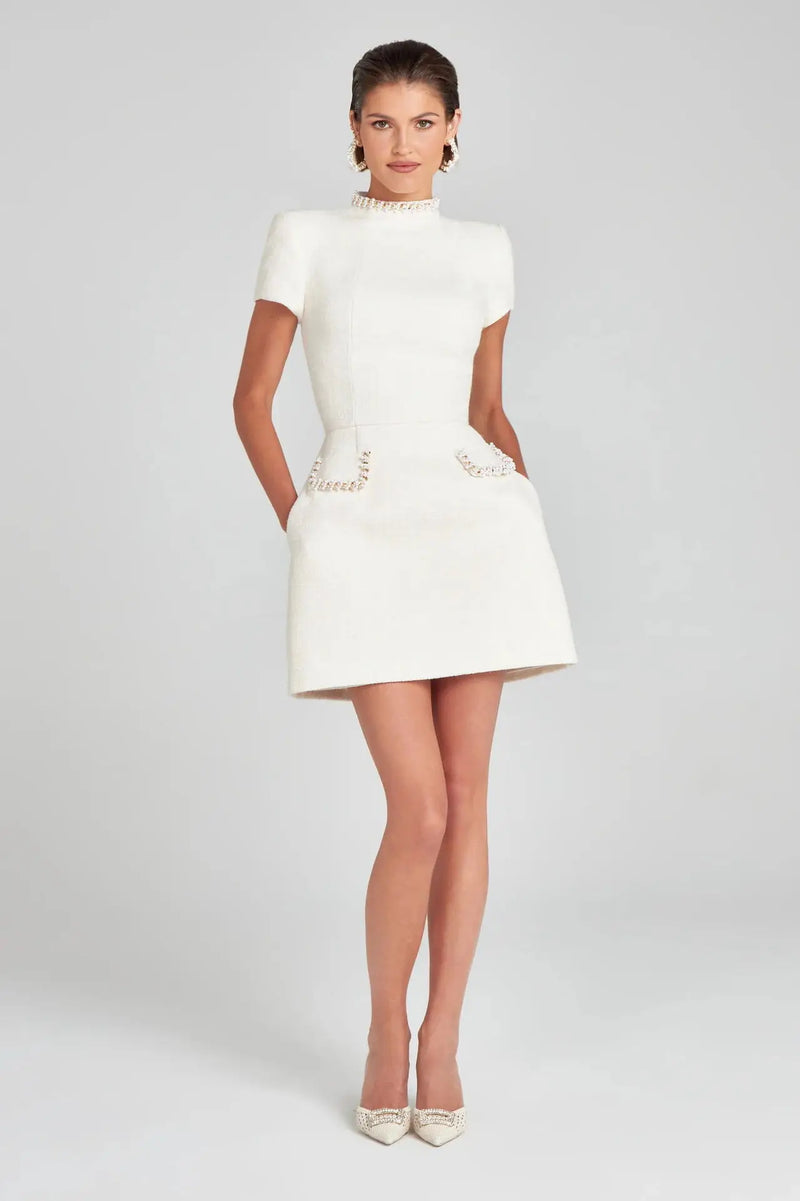 Elegant Tweed A-Line Slim Short Sleeve Retro O-Neck Patchwork Dress