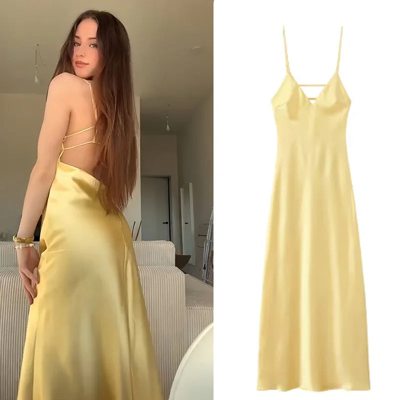 V-Neck Yellow Sexy Backless Casual Slim Stain Sling Long Dress