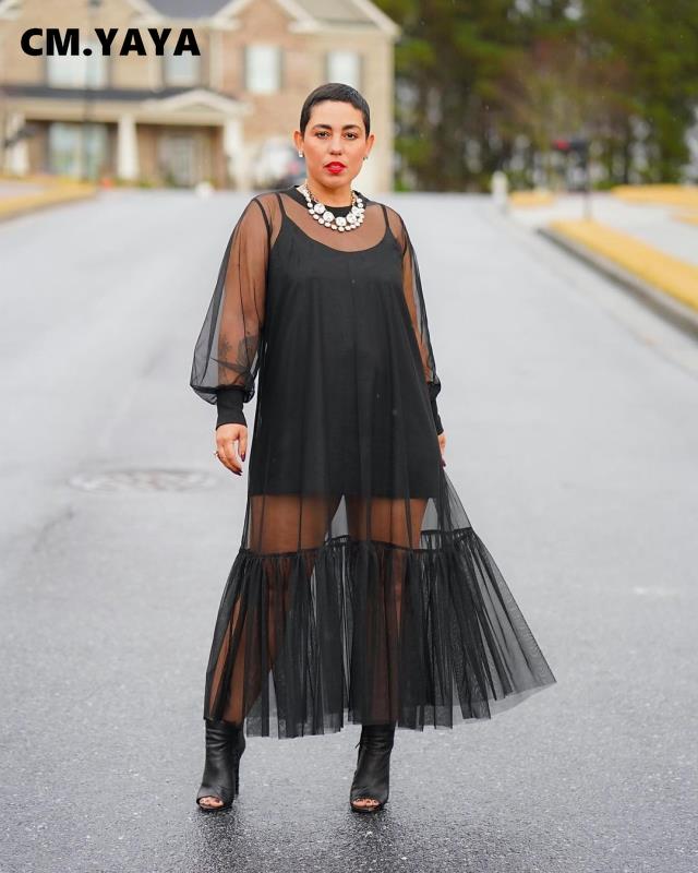 Black Mesh Ruffles Hem Long Sleeve Dress