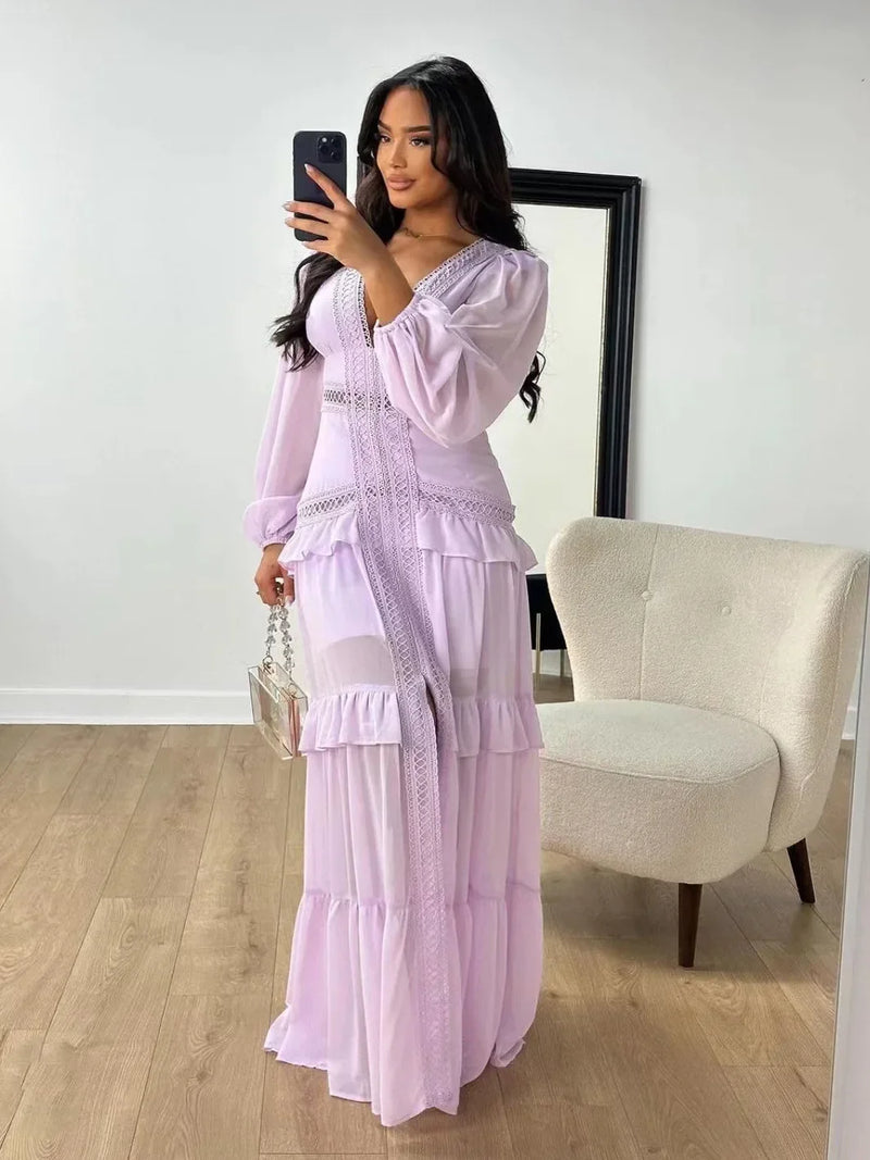 Elegant Layered Ruffles Patchwork Long Dress Chic
