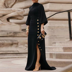 Slit Maxi Lace Up Gold Button Black Long Dress