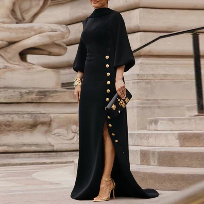 Slit Maxi Lace Up Gold Button Black Long Dress