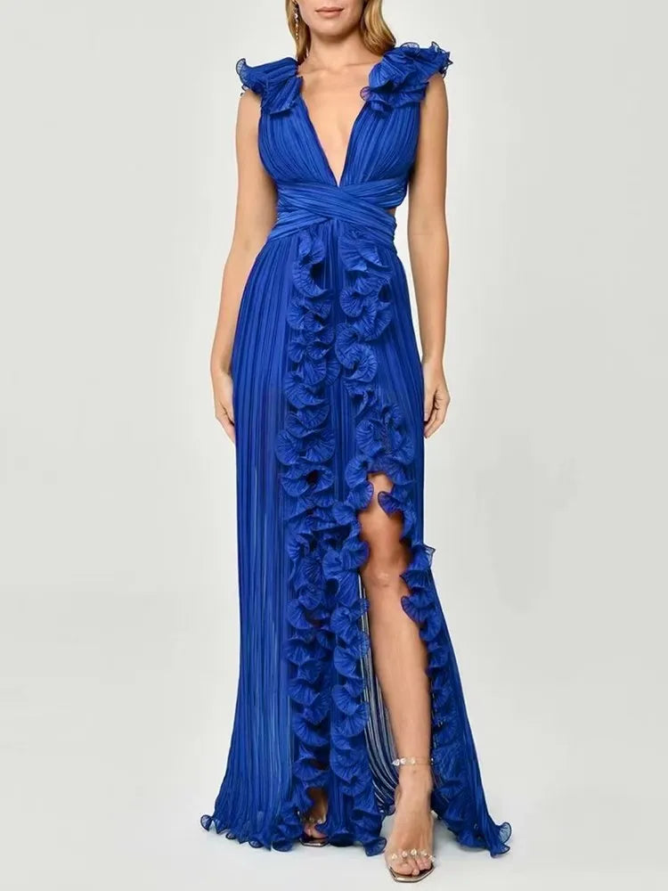 Elegant V Neck Sleeveless High Waist Patchwork Ruffles Split Dress