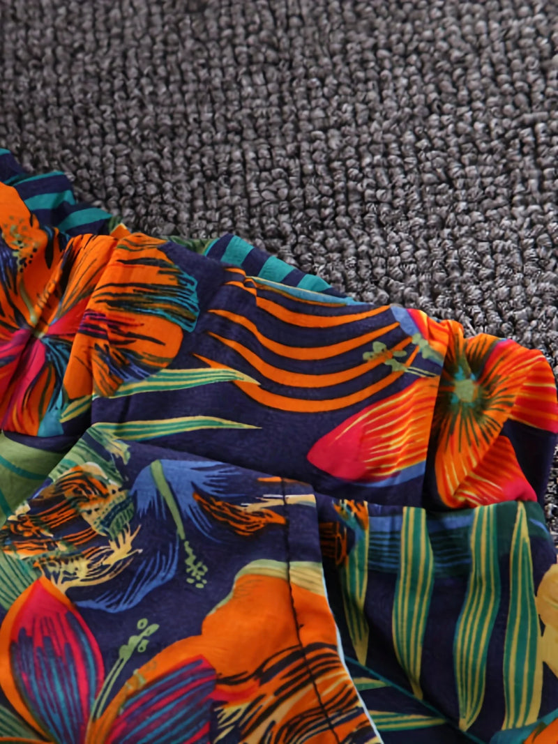 Summer Leaf Flower Standing Neck Shirt Short Sleeve