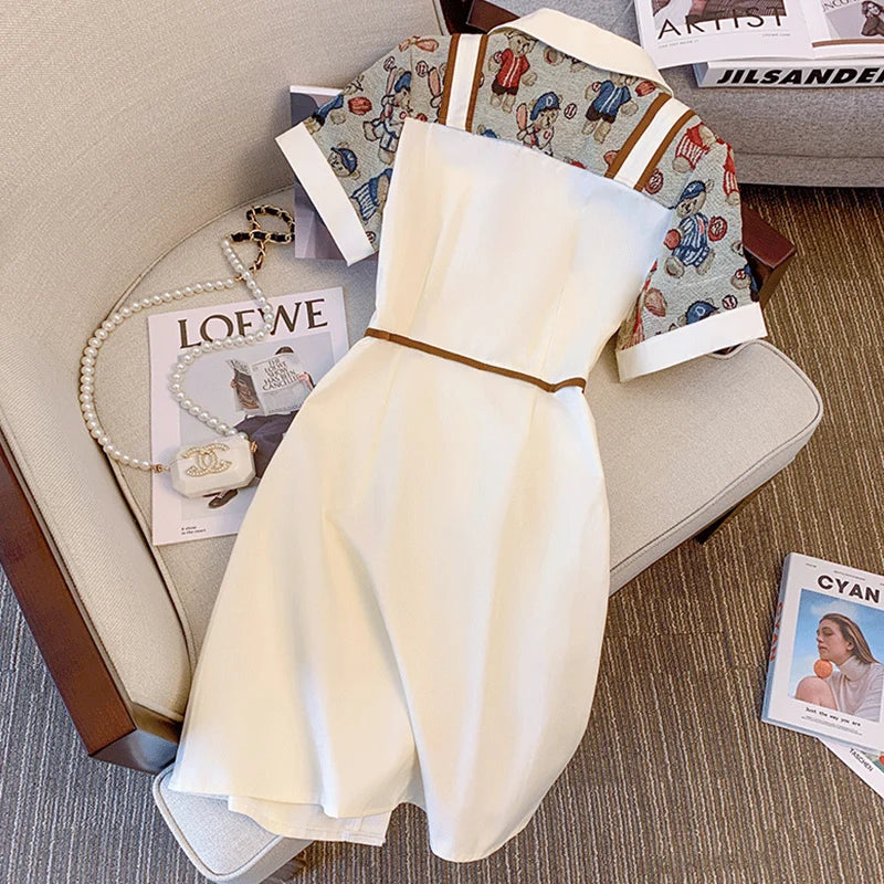 Patchwork Turn-down Collar Midi Buttons Pocket Dress