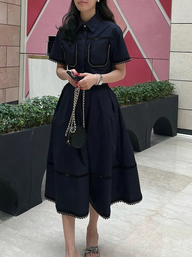 Elegant Lapel Short Sleeve Top High Waist A Line Pleated Skirt