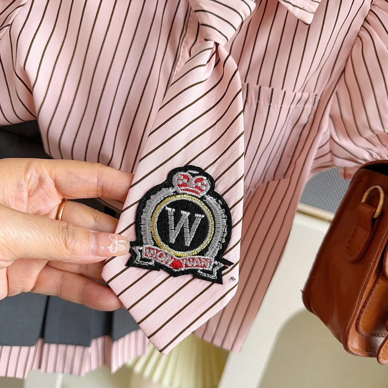 Pink Short Sleeved Tie Shirt+Pleated Skirt