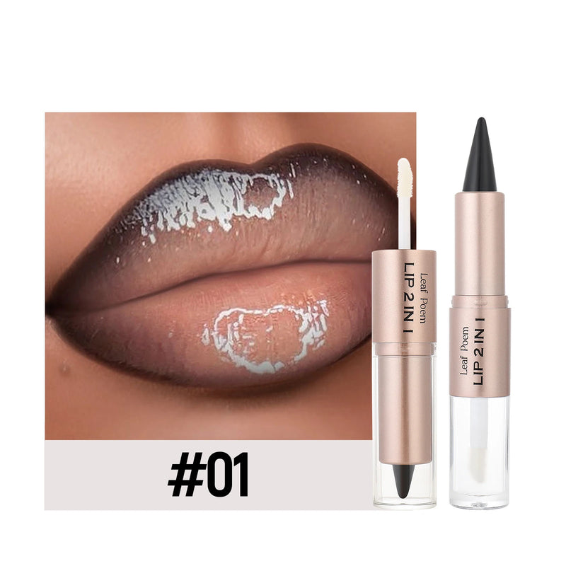 2 IN 1 Nude Brown Pink Mirror Lip Gloss Contour Pencil Matte Lipliner