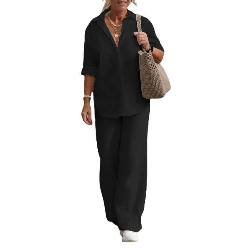 Cotton Linen Long Sleeve Blouse Shirts & High Elastic Wide Leg Trousers Suits