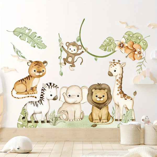 2pcs Cartoon Elephant Lion Monkey Leaves Wall Stickers for Kids Room