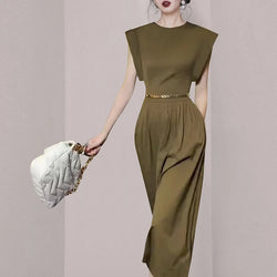 Elegant Long O Neck Sleeveless Pockets Slim Waist Dress With Belt