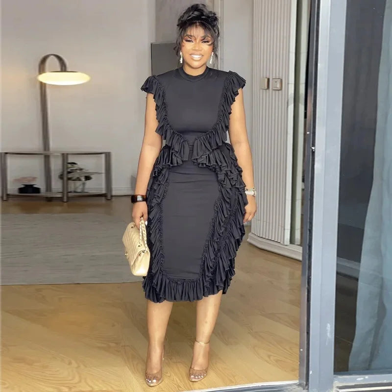 Empire Waist Gathered Lace Sleeveless Bodycon Midi Dress