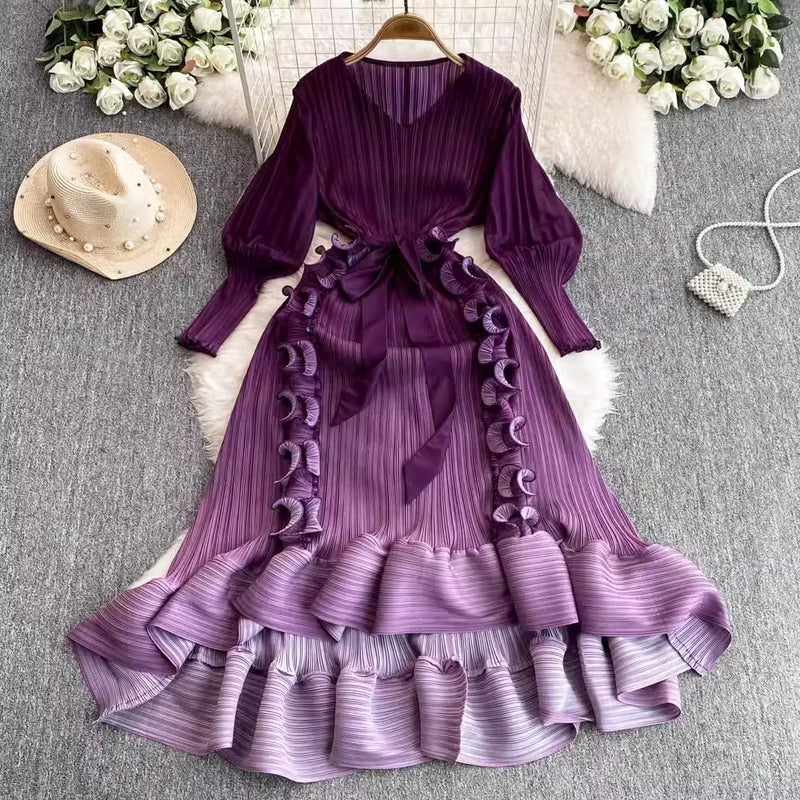 Ruffles Splice Gradient Color Pleated Dresses