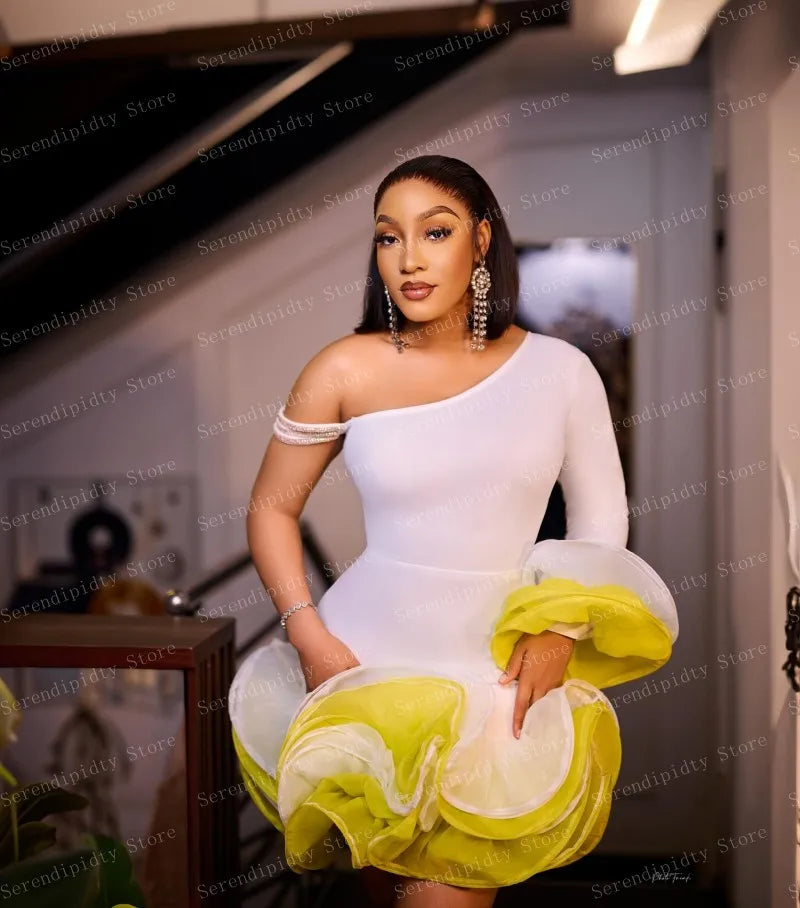 Elegant One-Shoulder White Dress with Yellow Ruffle Skirt, Long Sleeve