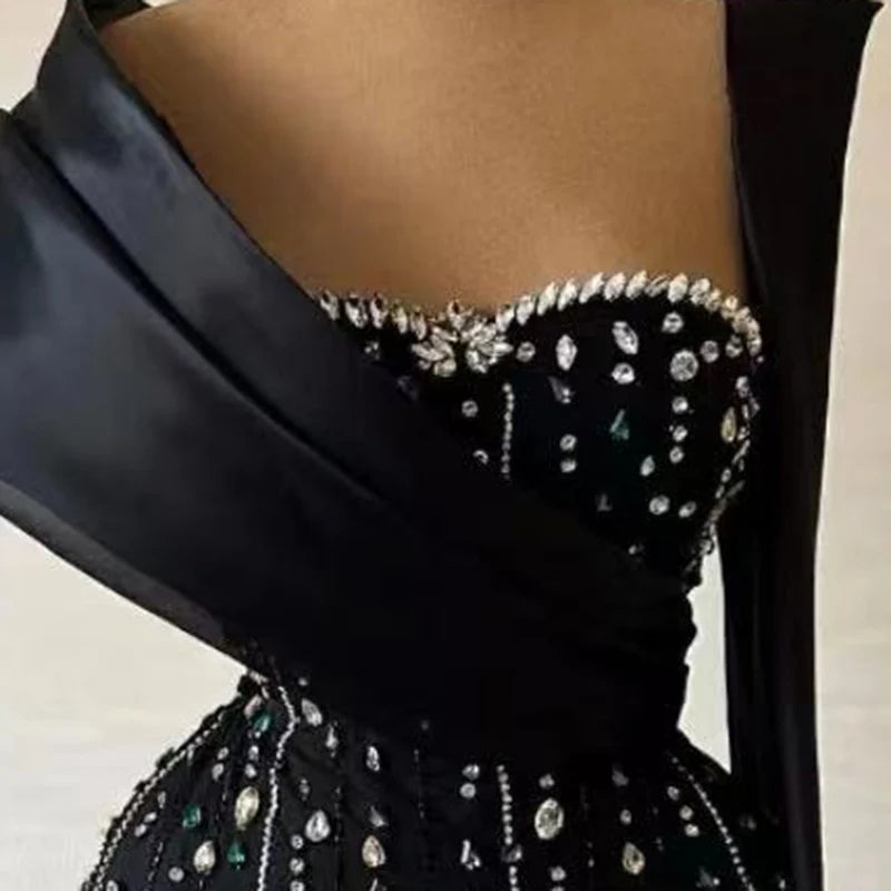 Black One - Shoulder Evening Dresses with Rhinestone Encrusted Bodycon Dress