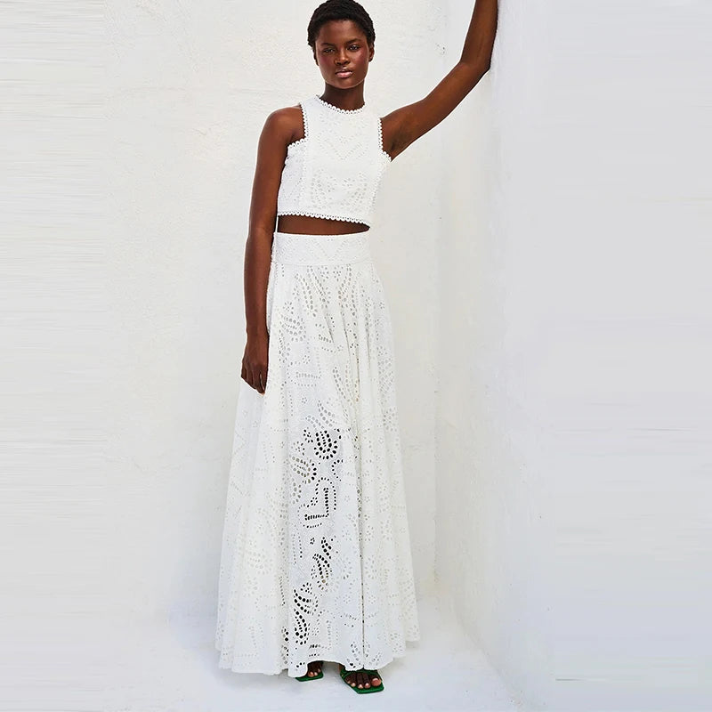 Sleeveless Top Half Skirt Set Embroidered Pocket Long Skirts