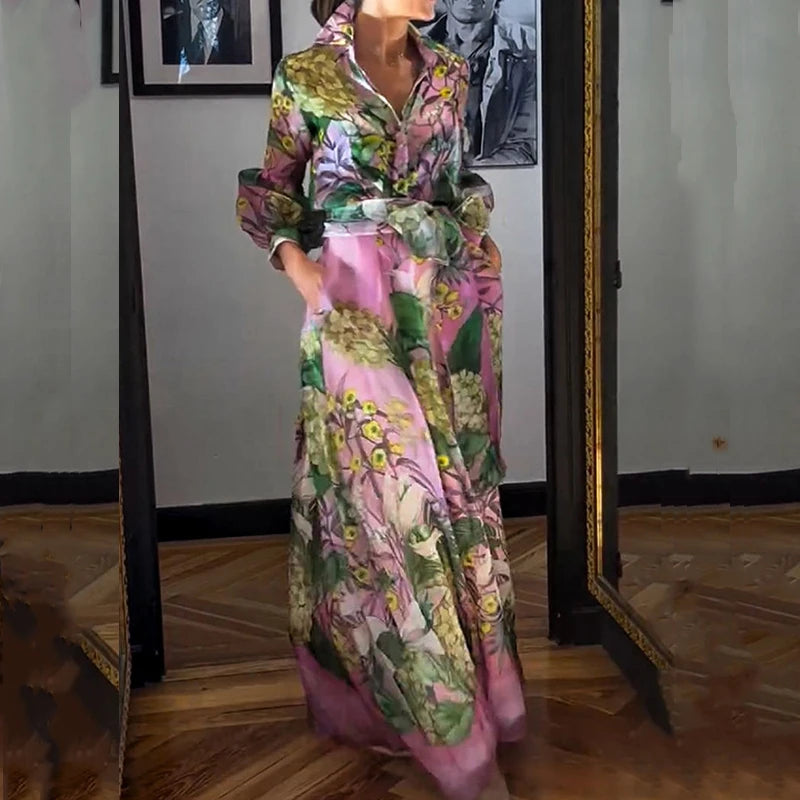 Elegant Lapel Lantern Sleeve Shirt + Long Skirt Suit