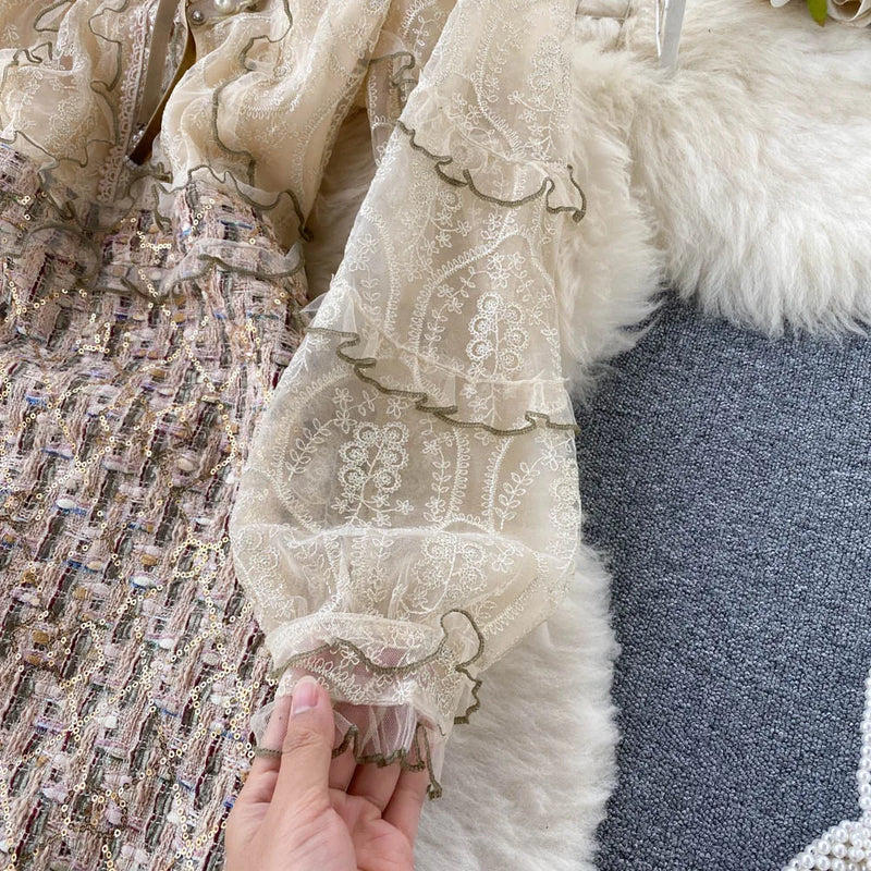 Woolen Tweed Plaid Ruffle French Pearls Dress