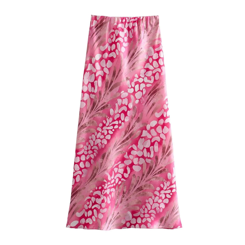 Print Satin Top and Skirt Zipper High Waist