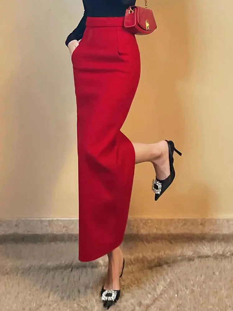 Elegant Slim High Waist Split Skirt Office Lady