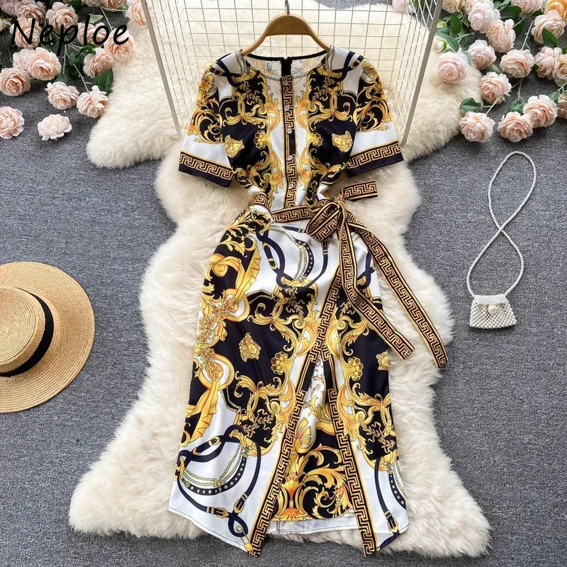 Round Neck Long Sleeve Lace Waist Dress