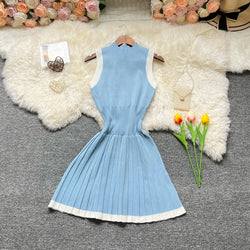 Y2K Slim Waist Pleated A-line Knitted Short Dress