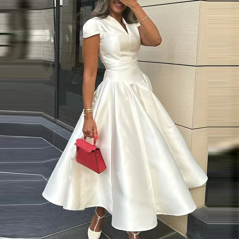 Elegant High Waist Short Sleeve Satin Long Dress
