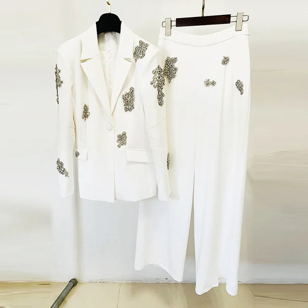 White Blazers Beaded Wide Leg Pants Set