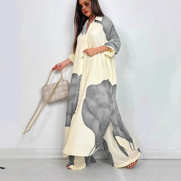 Elegant Printed Long Shirt Top + Wide Leg Pants 2-pieces
