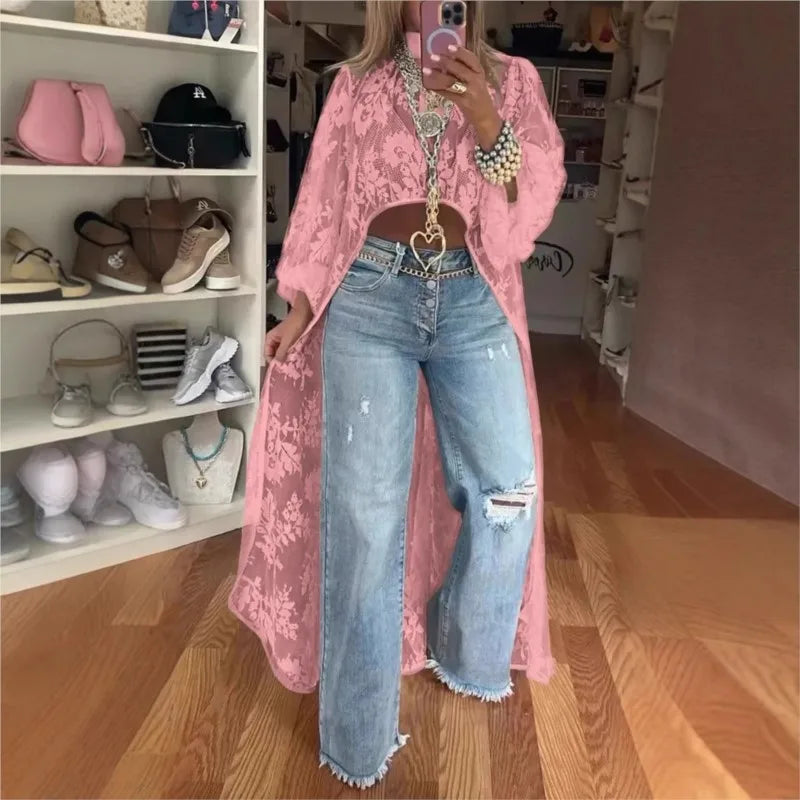 Shirt Top With High Neck Puff Sleeve Through Hollow-Out Front Short After Long Top Blouse