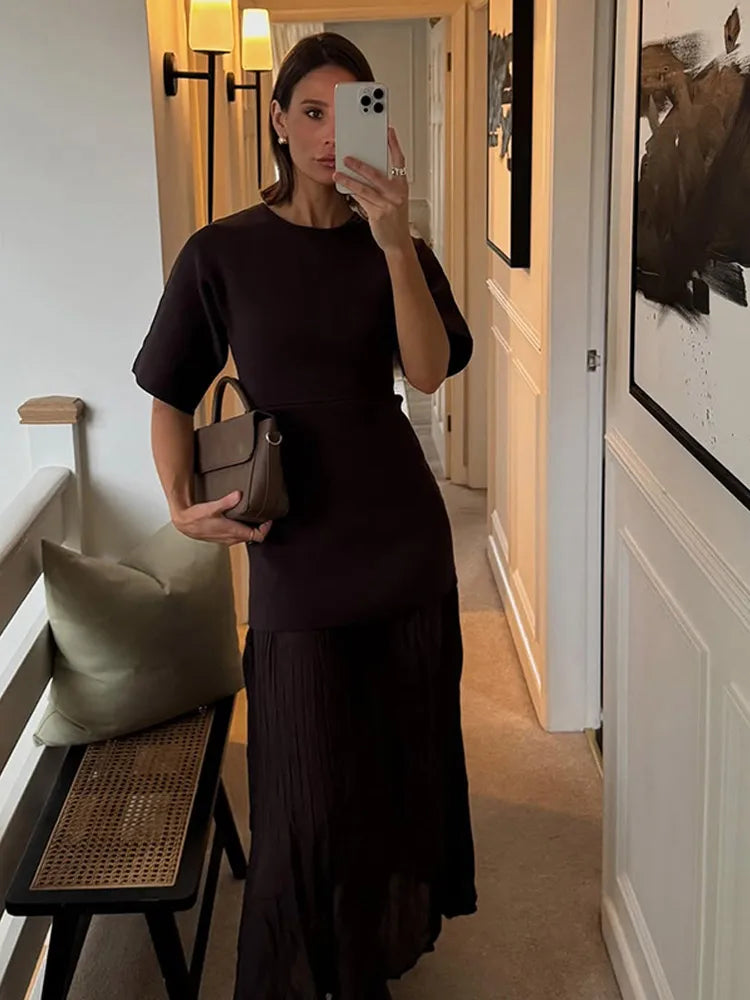 Pleated Elegant O-neck Half Sleeve Maxi Dress