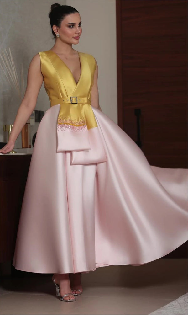 V-neck Sequin Satin Anke Length Dress
