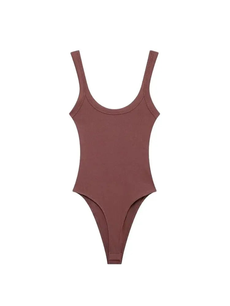 Skinny Ribbed Bodysuits O Neck, Straps, Snap-Button