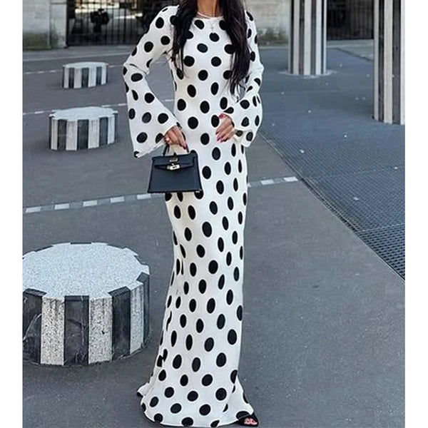 Polka Dot Vintage Flare Sleeve O Neck A Line Long Dress