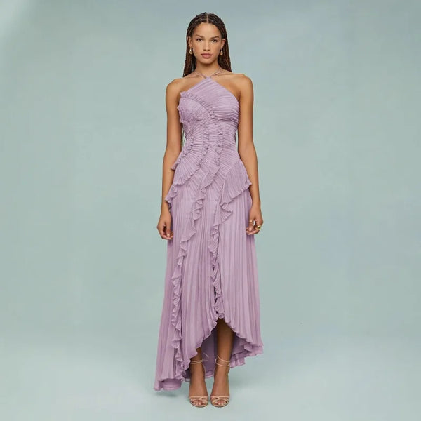Elegant Neck Strap Ruffles A Line Lace Up Backless Dress